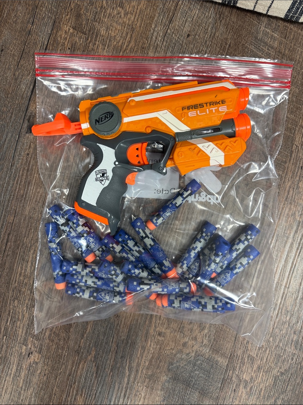 Nerf Firestrike Elite Blaster — Orange, White & Gray with Blue Camo Darts
